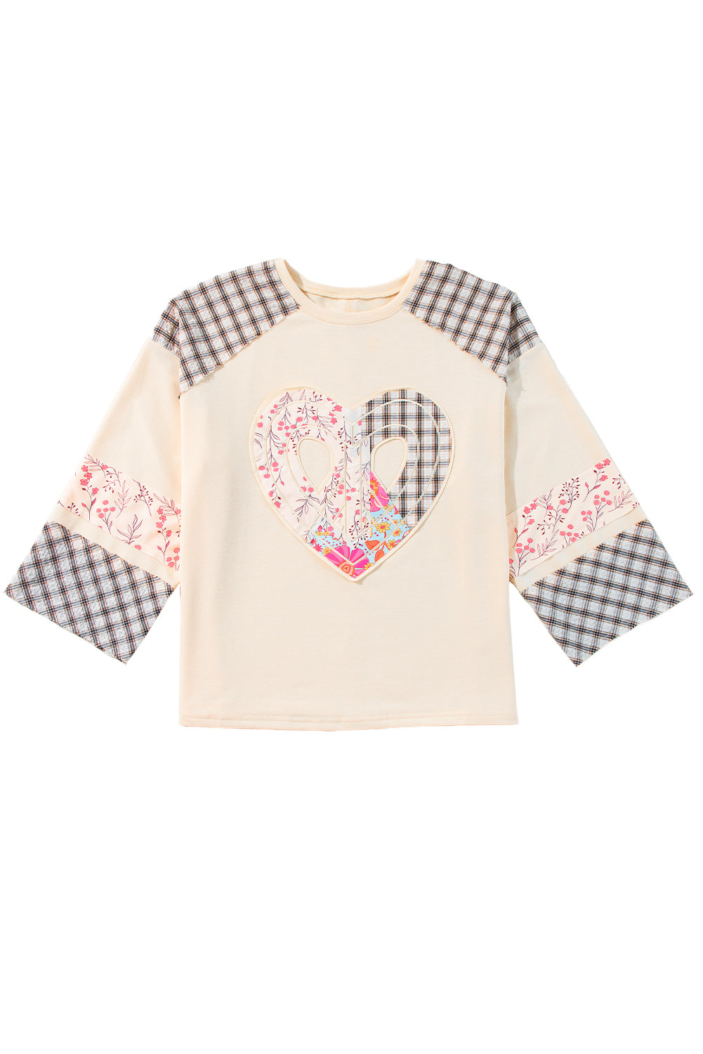 Aqua Plaid Floral Patchwork Heart Long Sleeve Top