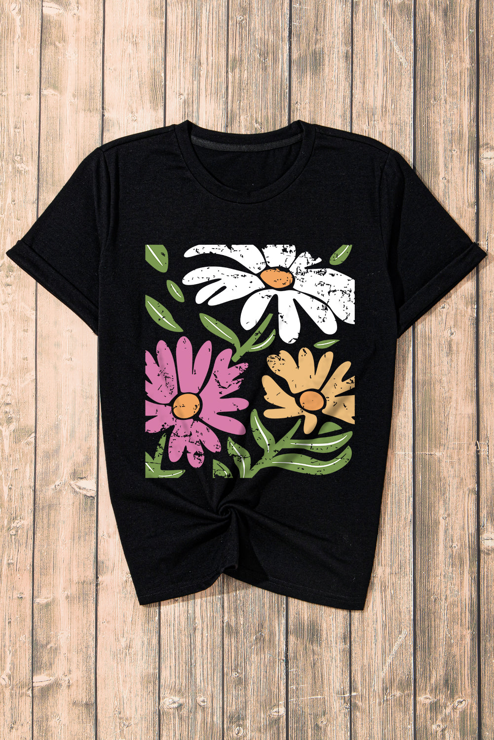 Black Casual Retro Floral Graphic Crew Neck T Shirt