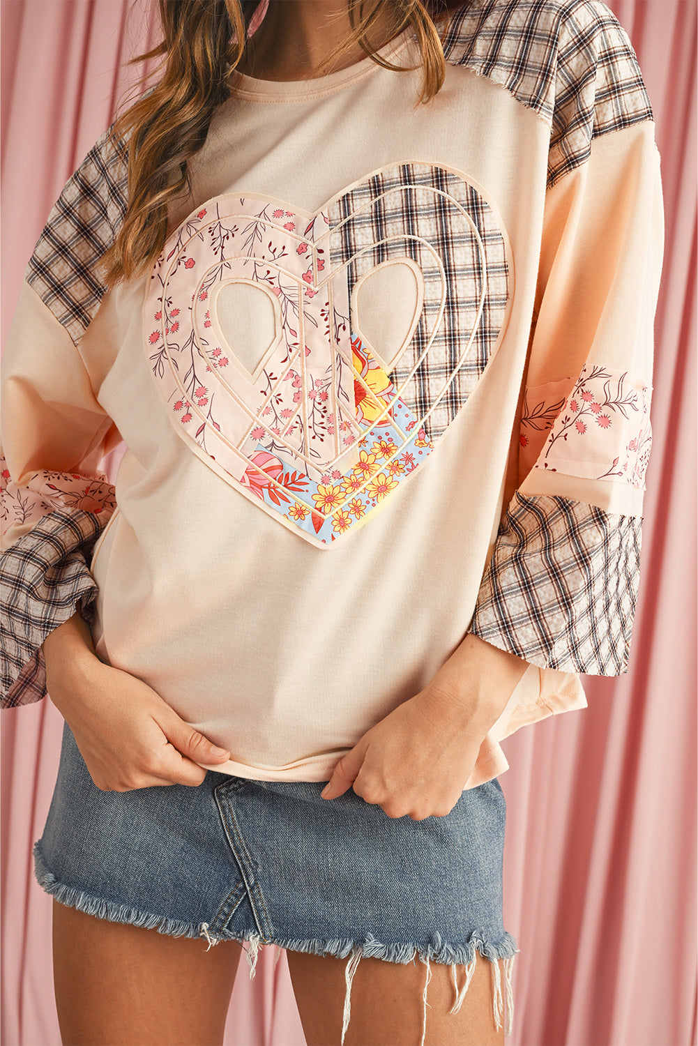 Aqua Plaid Floral Patchwork Heart Long Sleeve Top