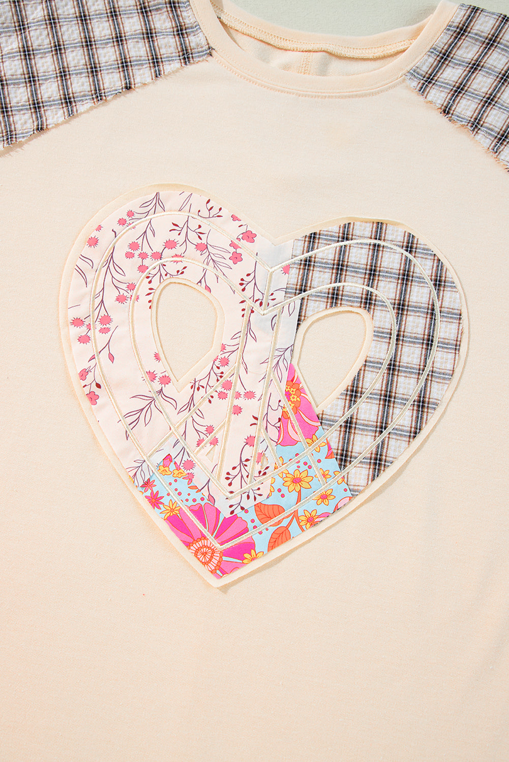 Aqua Plaid Floral Patchwork Heart Long Sleeve Top