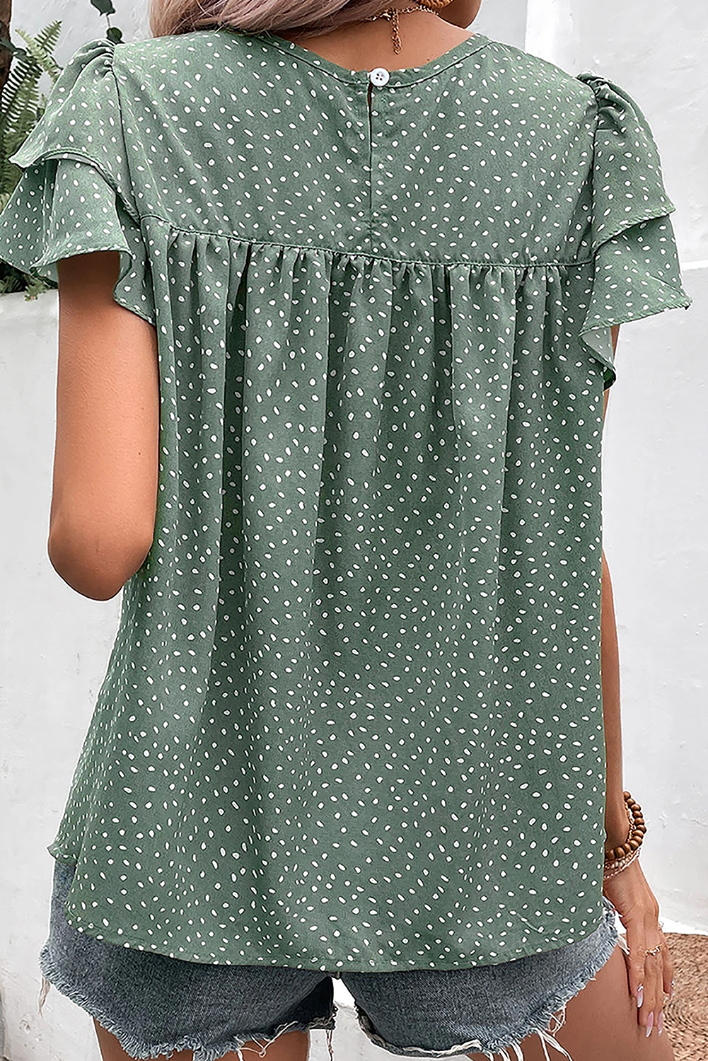 Laurel Green Spot Print Pleat Ruffle Sleeve Blouse