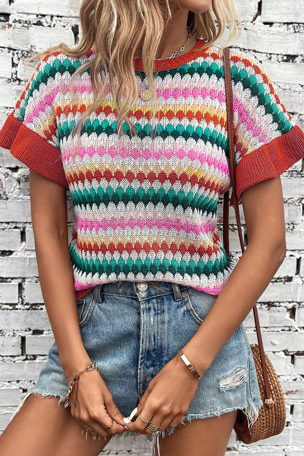 Fiery Red Color Block Strip Ruffle Sleeve Knit Top