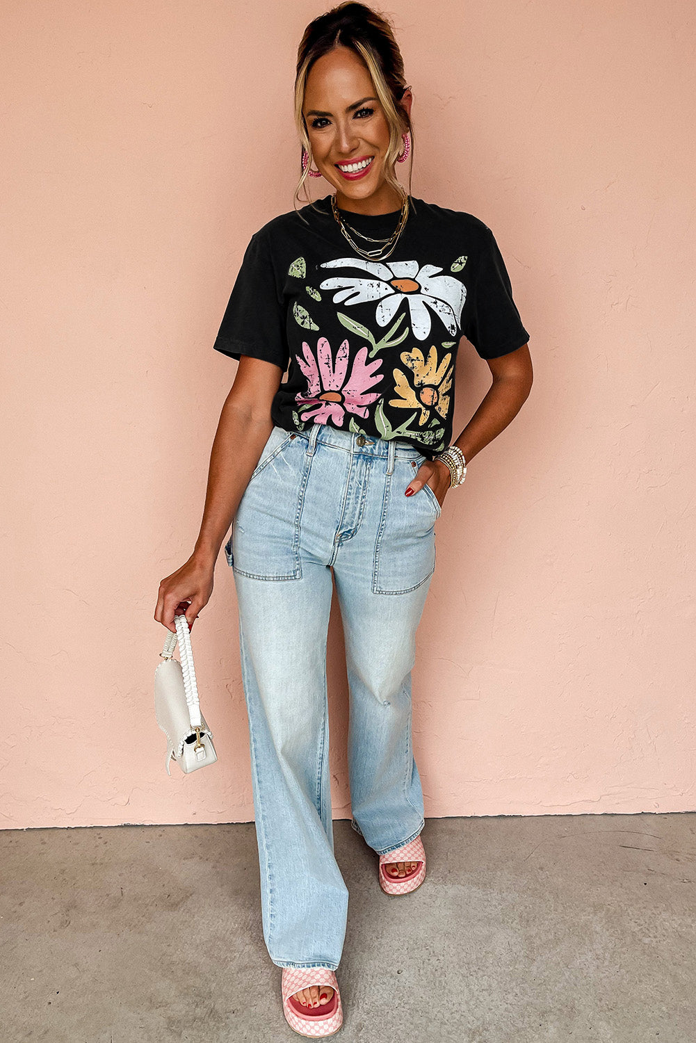 Black Casual Retro Floral Graphic Crew Neck T Shirt