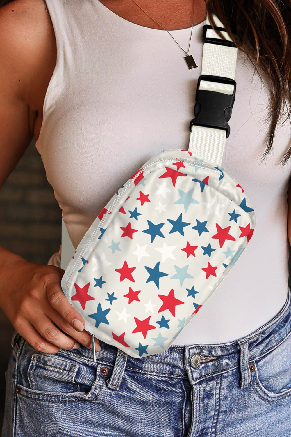 Fiery Red Star Printed Buckle Strap Crossbody Bag