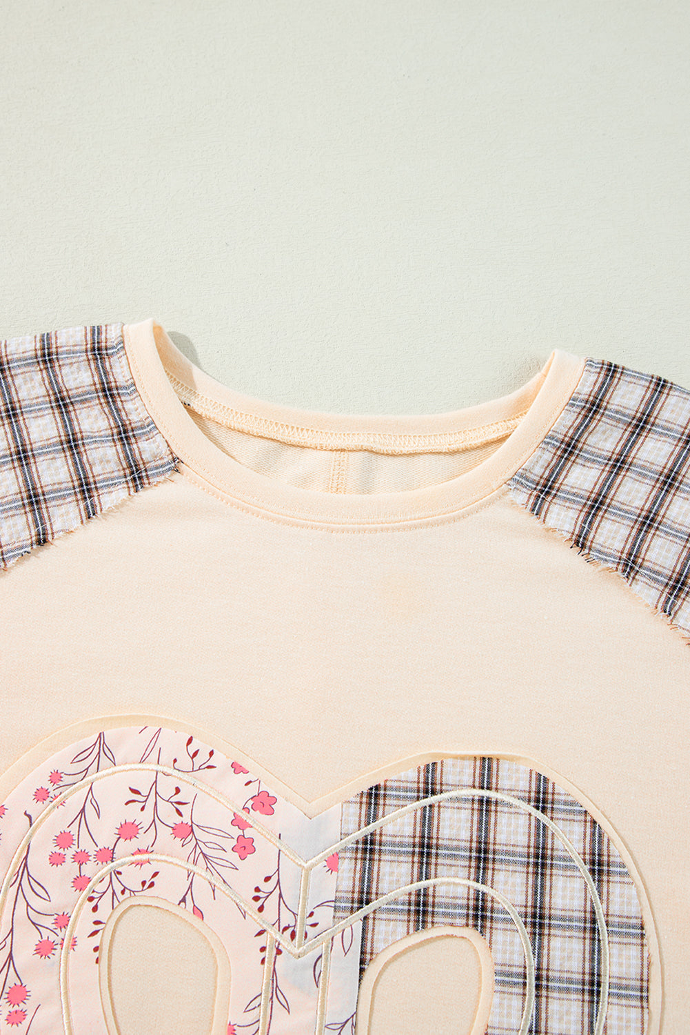 Aqua Plaid Floral Patchwork Heart Long Sleeve Top