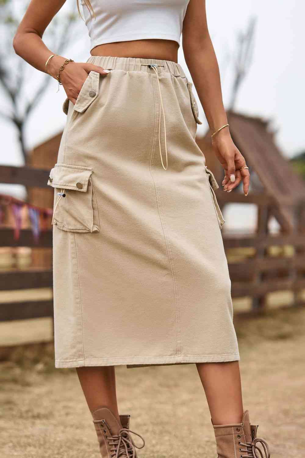 Drawstring Waist Slit Midi Denim Skirt