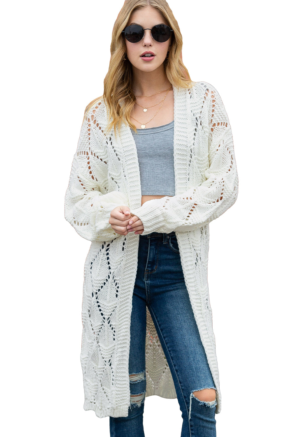 White Crochet Knit Hollowed Open Front Cardigan