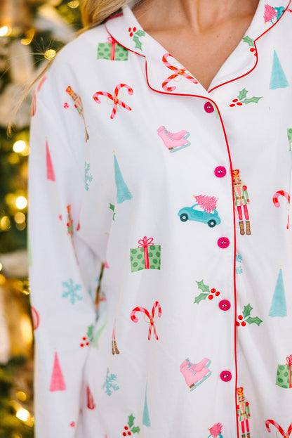 White Christmas Print Lapel Shirt and Pants Pajama Set