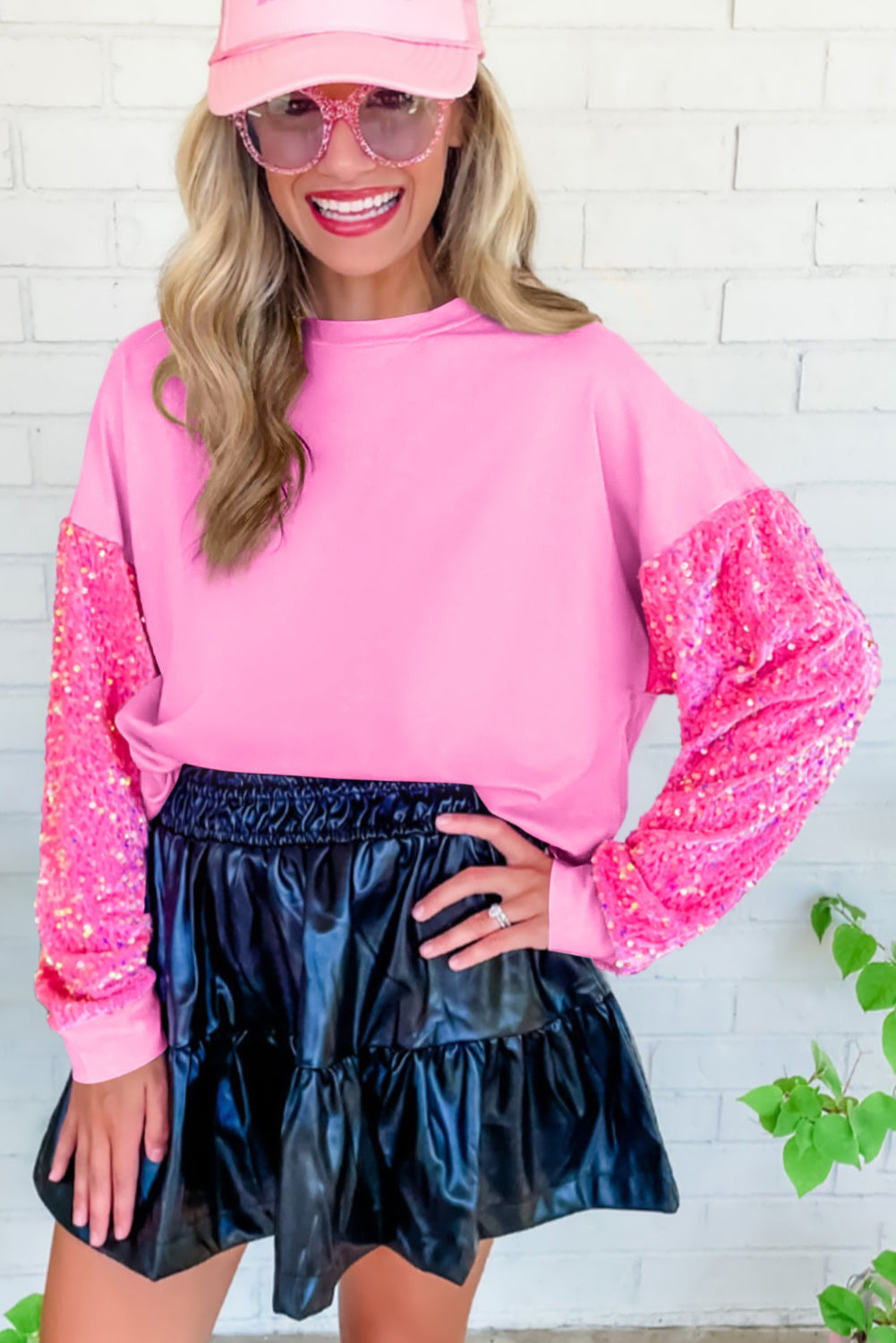 Pink Sequin Patchwork Long Sleeve Pullover Top