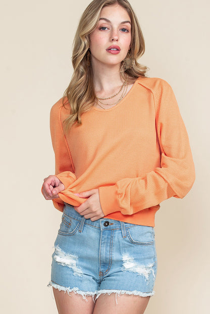 Orange Waffle Knit Exposed Seam Long Sleeve Top