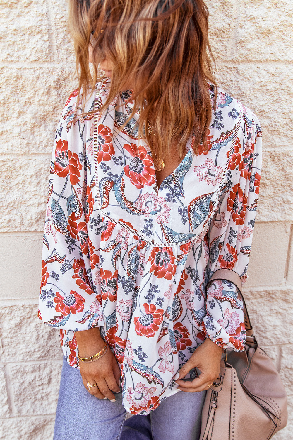 Floral Print Split V Neck Puff Sleeve Tunic Top