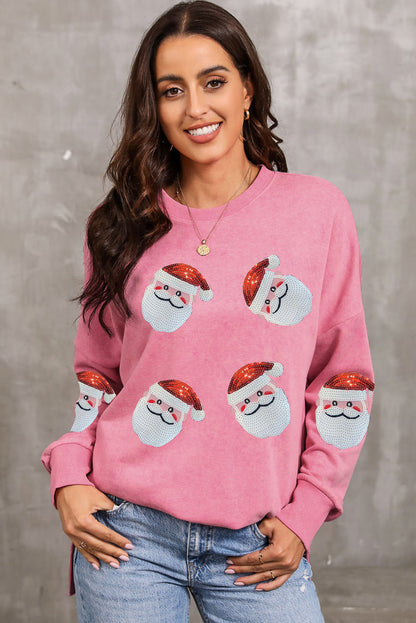 Pink Sequined Santa Clause Graphic Split Sweatshirt