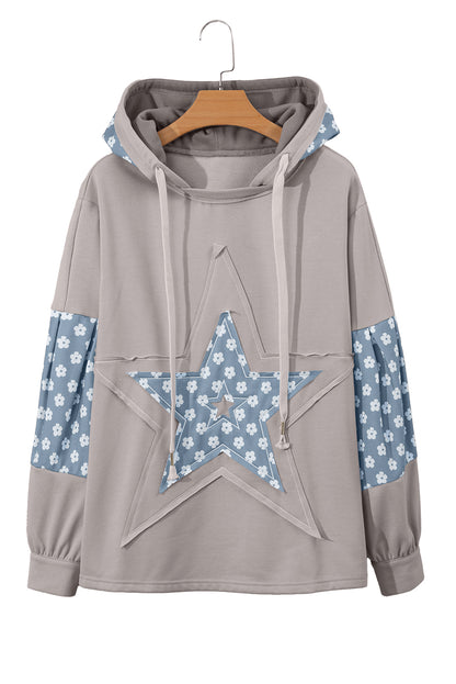 Apricot Floral Patchwork Star Pattern Drawstring Hoodie