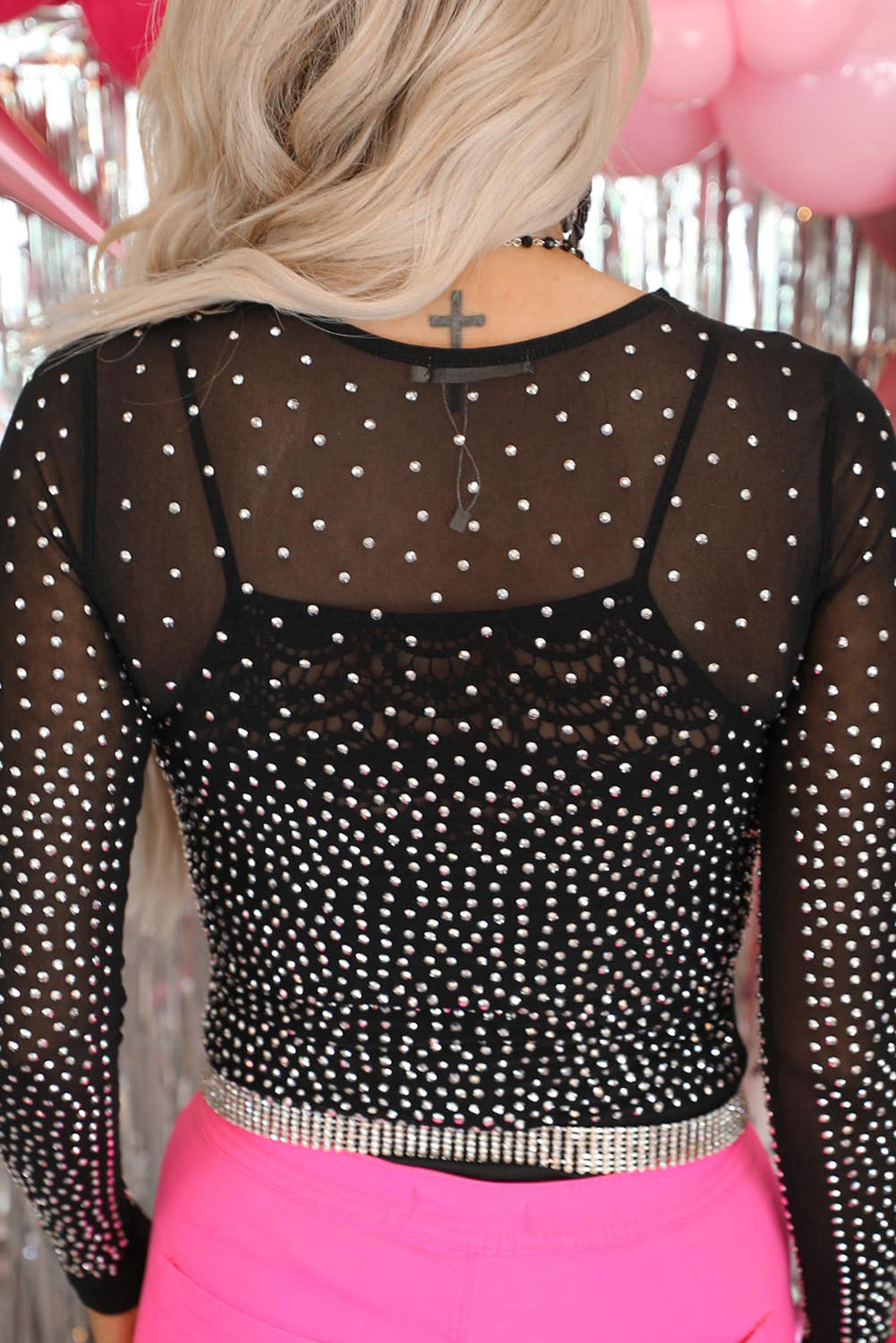 Black Rhinestone Embellished Long Sleeve Bodysuit