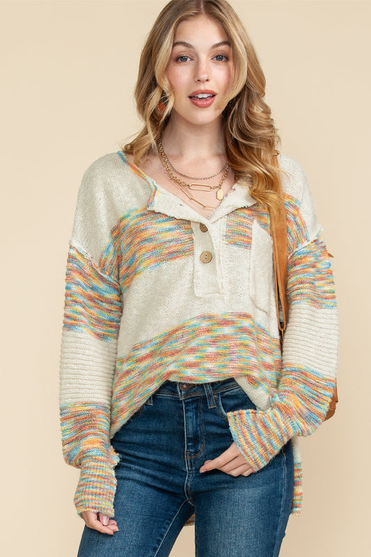 Multicolor Drop Shoulder Long Sleeve Henley Knit Sweater