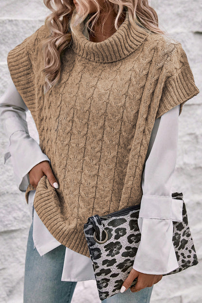 Light Beige Turtleneck Short Batwing Sleeve Cable Knit Sweater