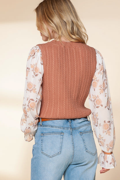 Floral Patchwork Ruffled Cuff Sleeve Cable Knit Sweater