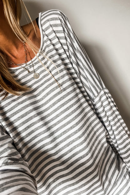 Gray Stripe Drop Sleeve Round Neck Oversized Top