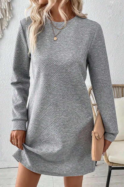 Gray Solid Color Textured Long Sleeve Shift Short Dress