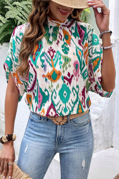 Multicolor Abstract Print Knot Back Half Sleeve Blouse