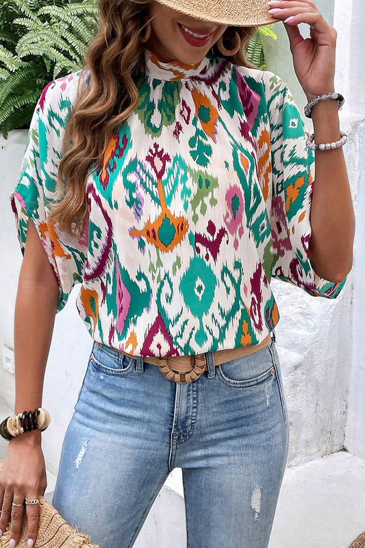 Multicolor Abstract Print Knot Back Half Sleeve Blouse