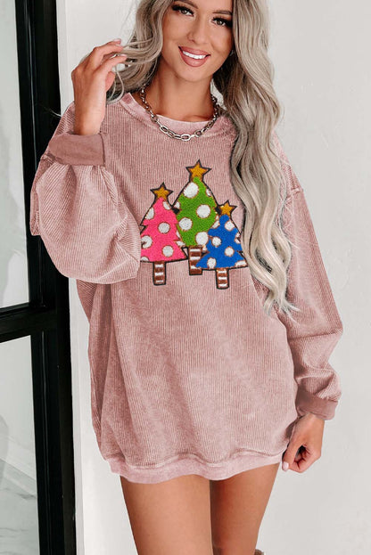 Pink Corduroy Christmas Tree Sequin Graphic Sweatshirt