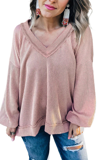 Pink V Neck Drop Shoulder Lantern Sleeve Ribbed Top