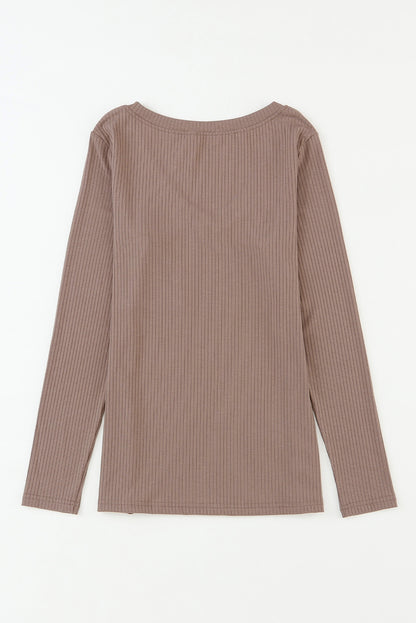 Khaki Ribbed Knit Patched Chest Pocket V Neck Top