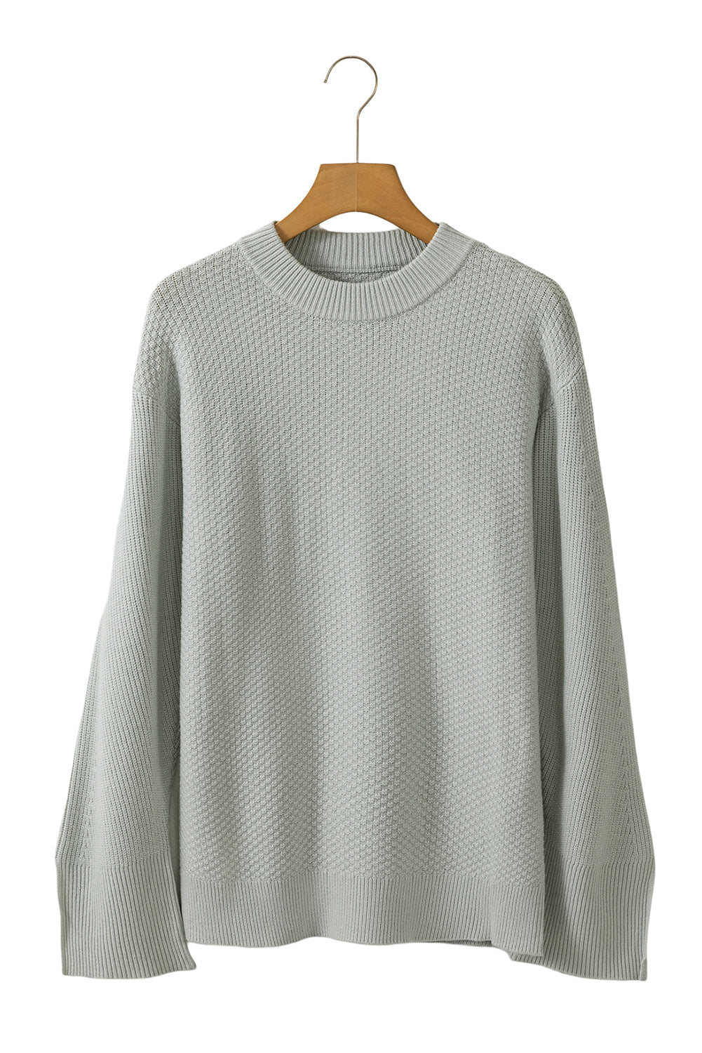 Gray Textured Knit Split Cuff Drop Shoulder Loose Sweater