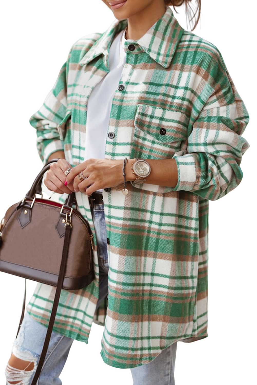 Red Plaid Flap Pocket Long Sleeve Oversized Shacket