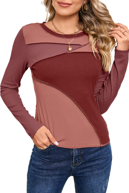 Brown Expose Seam Color Block Ribbed Knit Top