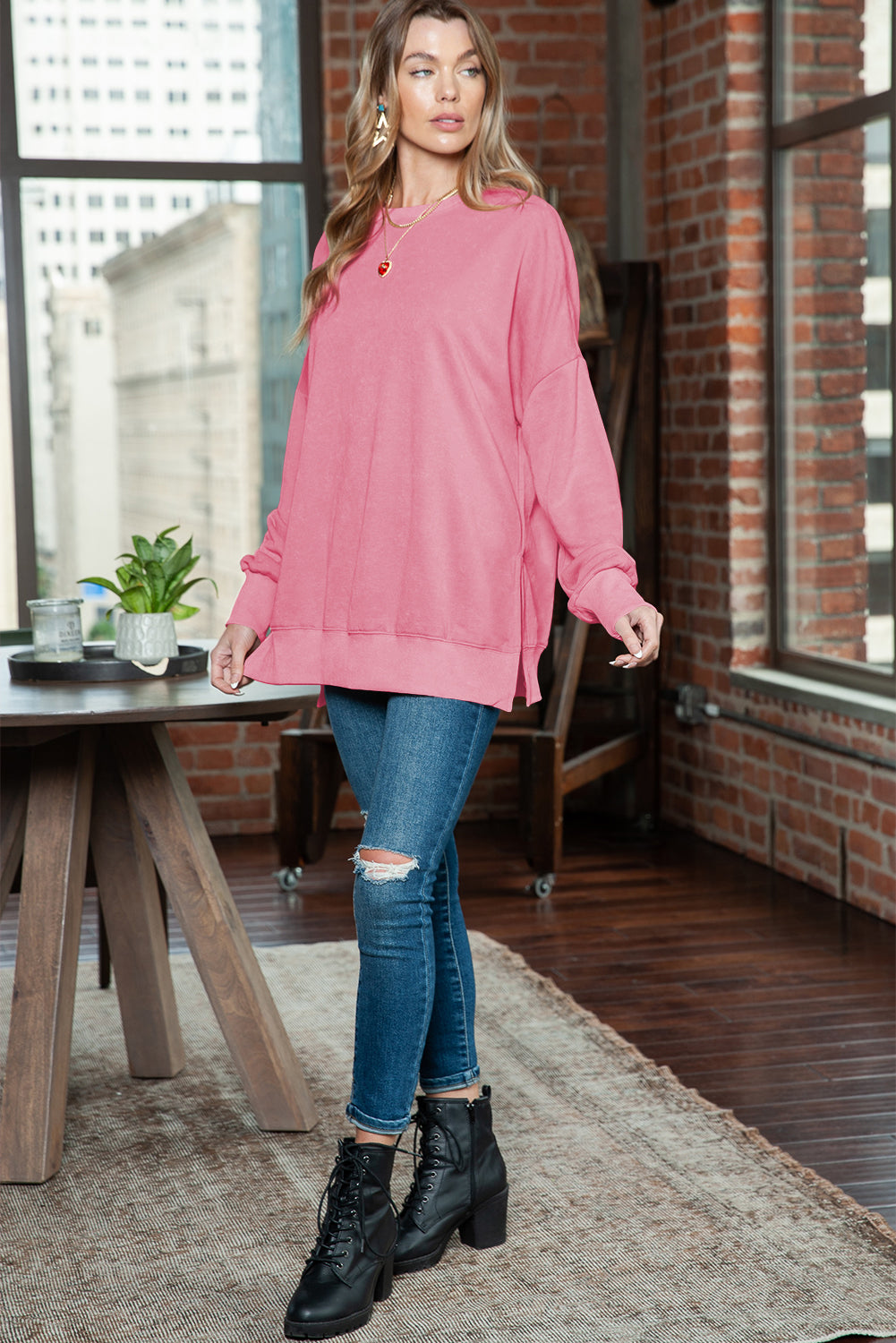 Pink Plain Drop Shoulder Trim Oversized Sweatshirt