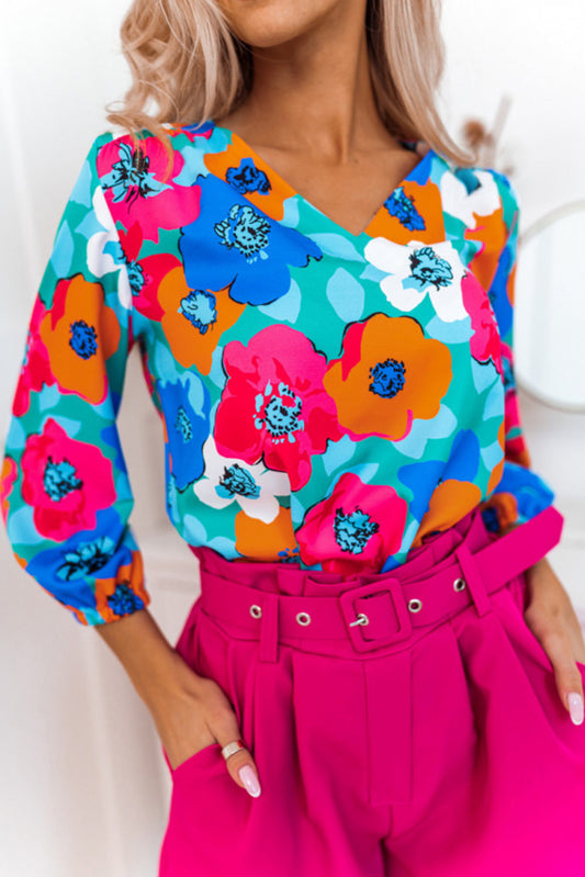 Multicolor Floral Print Casual V Neck Blouse