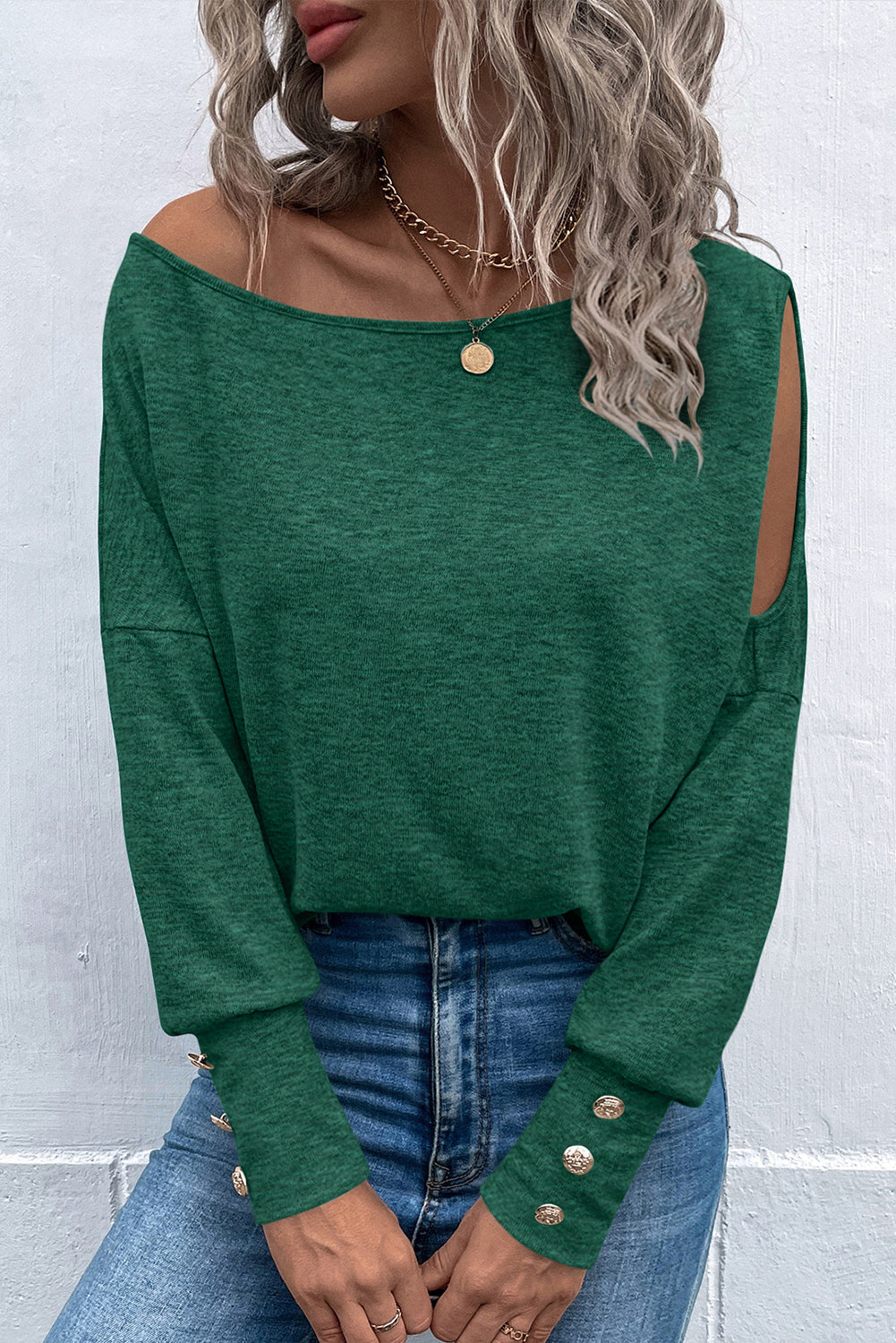 Green Boat Neck Asymmetric Cutout Long Sleeve Top