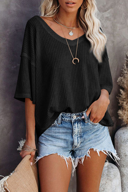 Black Waffle Knit Casual Drop Shoulder Loose Top