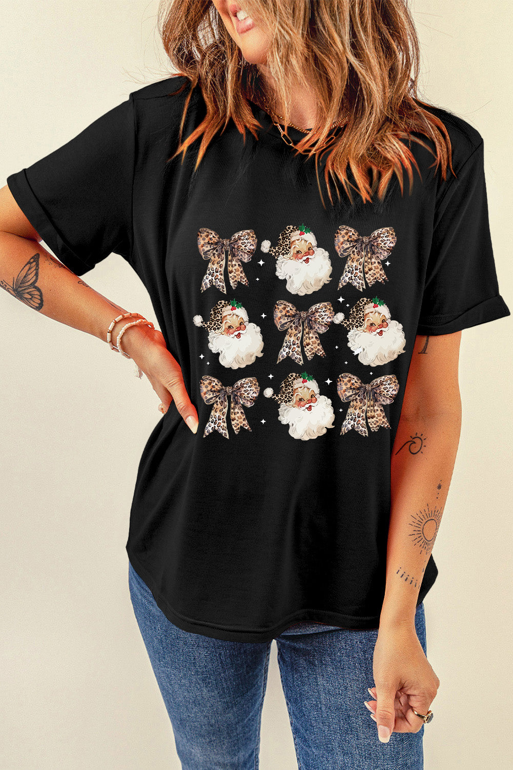 White Santa Claus Leopard Bow Print Crew Neck Graphic T Shirt