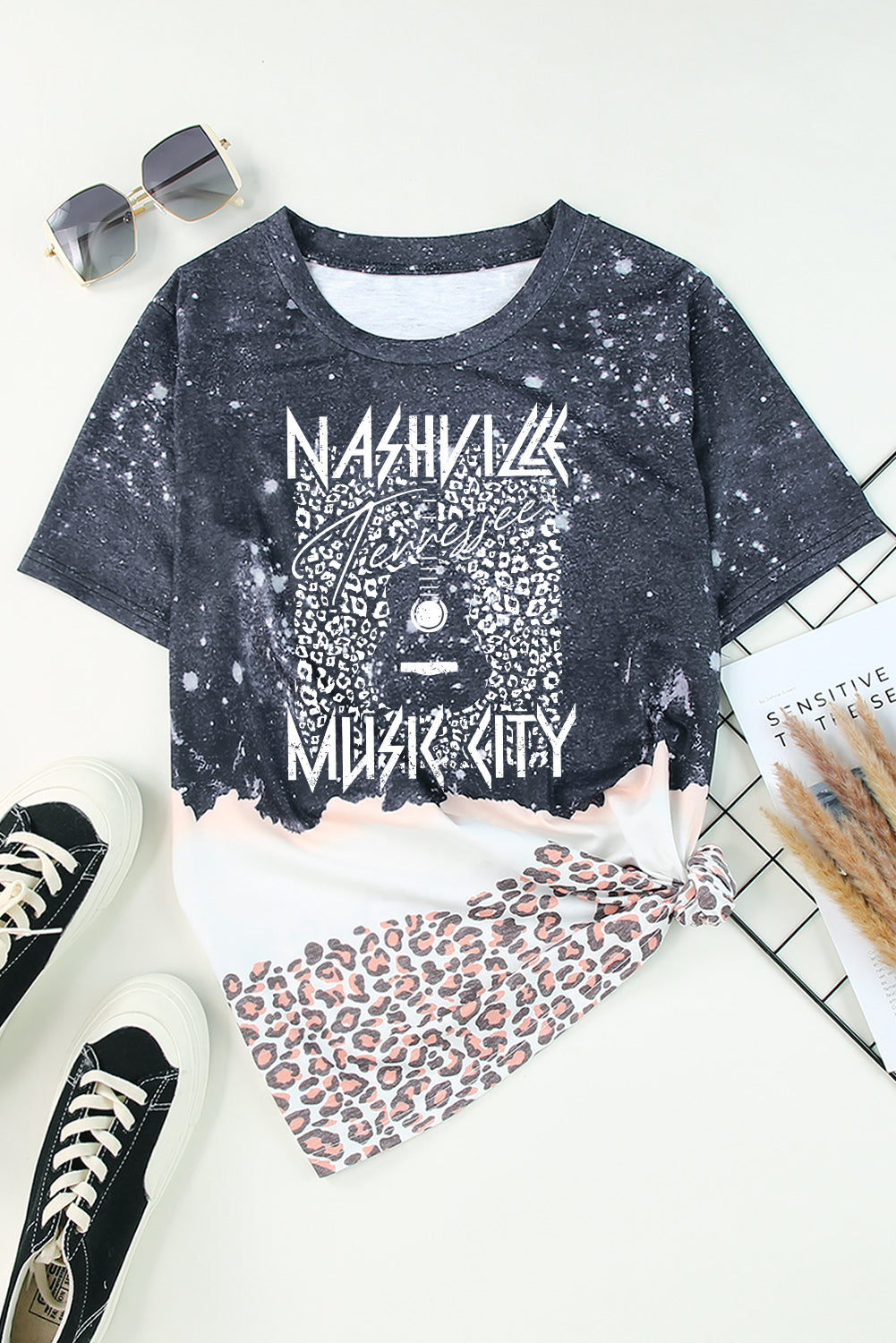 Black Tie Dye Leopard Graphic Tee