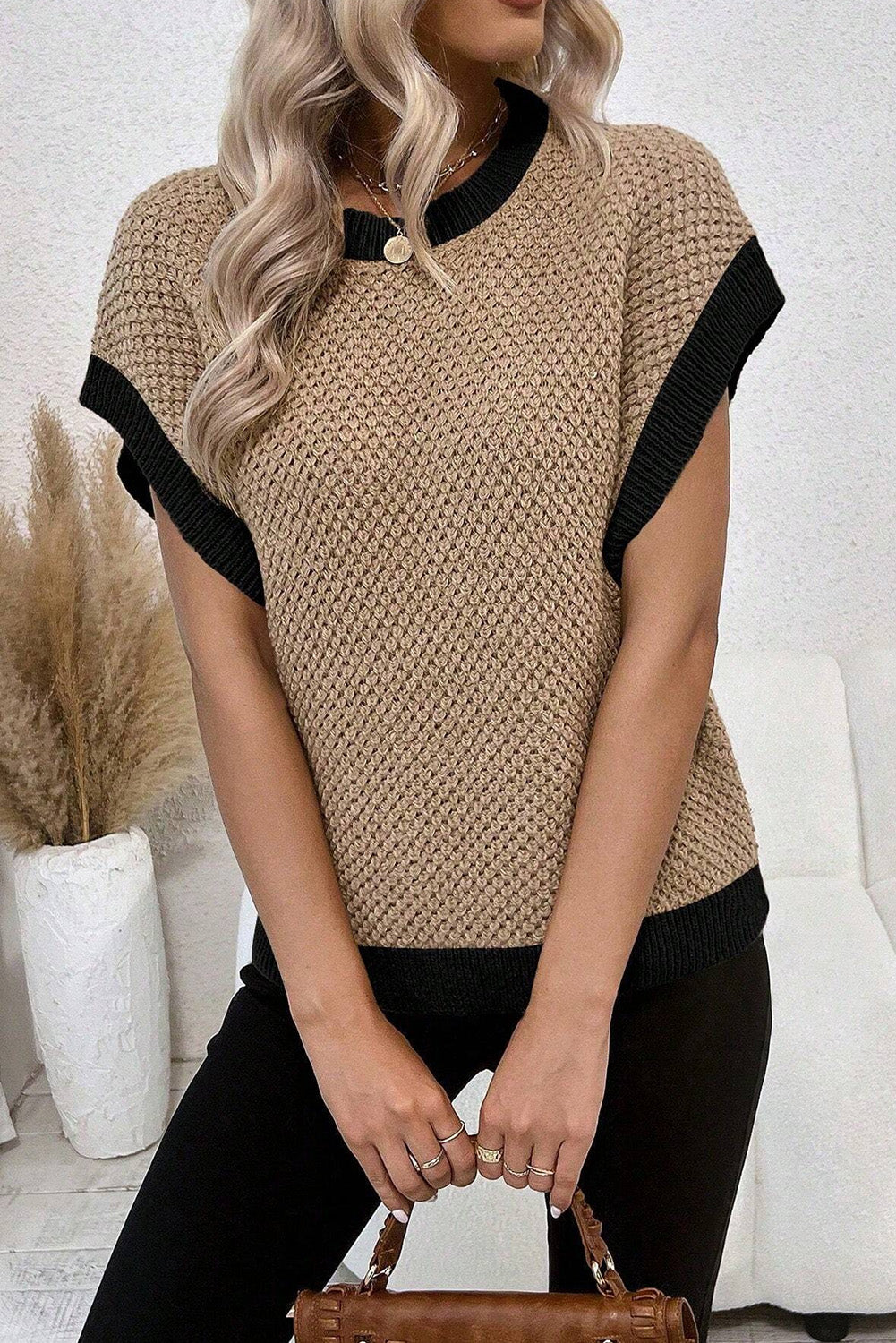 Light Beige Contrast Trim Batwing Sleeve Knitted Top