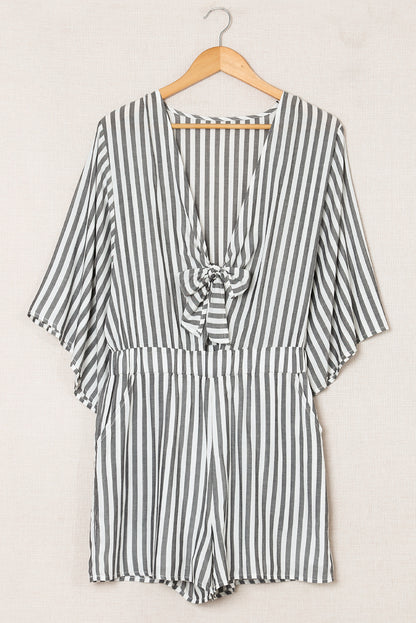 Grey Striped Print Tie Knot Front Romper With Pockets