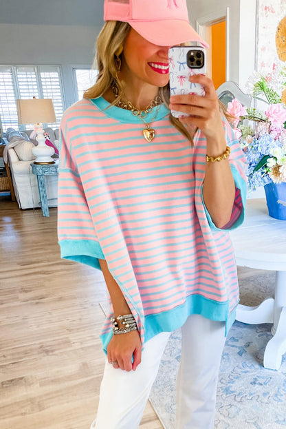 Pink Stripe Colorblock Drop Sleeve Loose Top