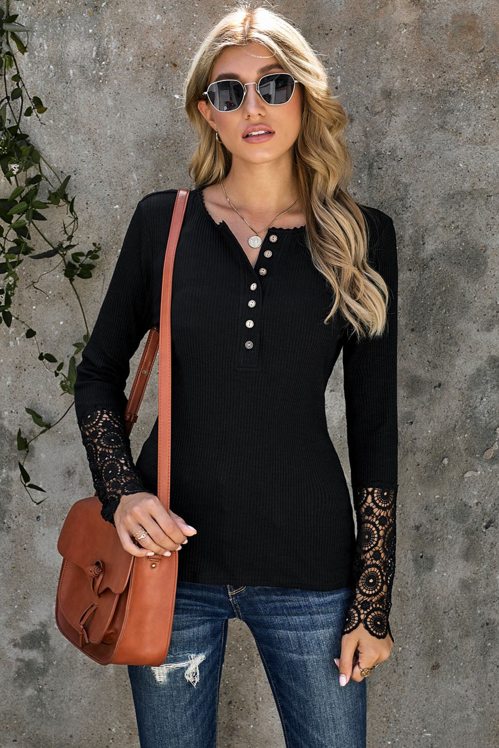 Black Ribbed Lace Crochet Long Sleeve Henley Shirt