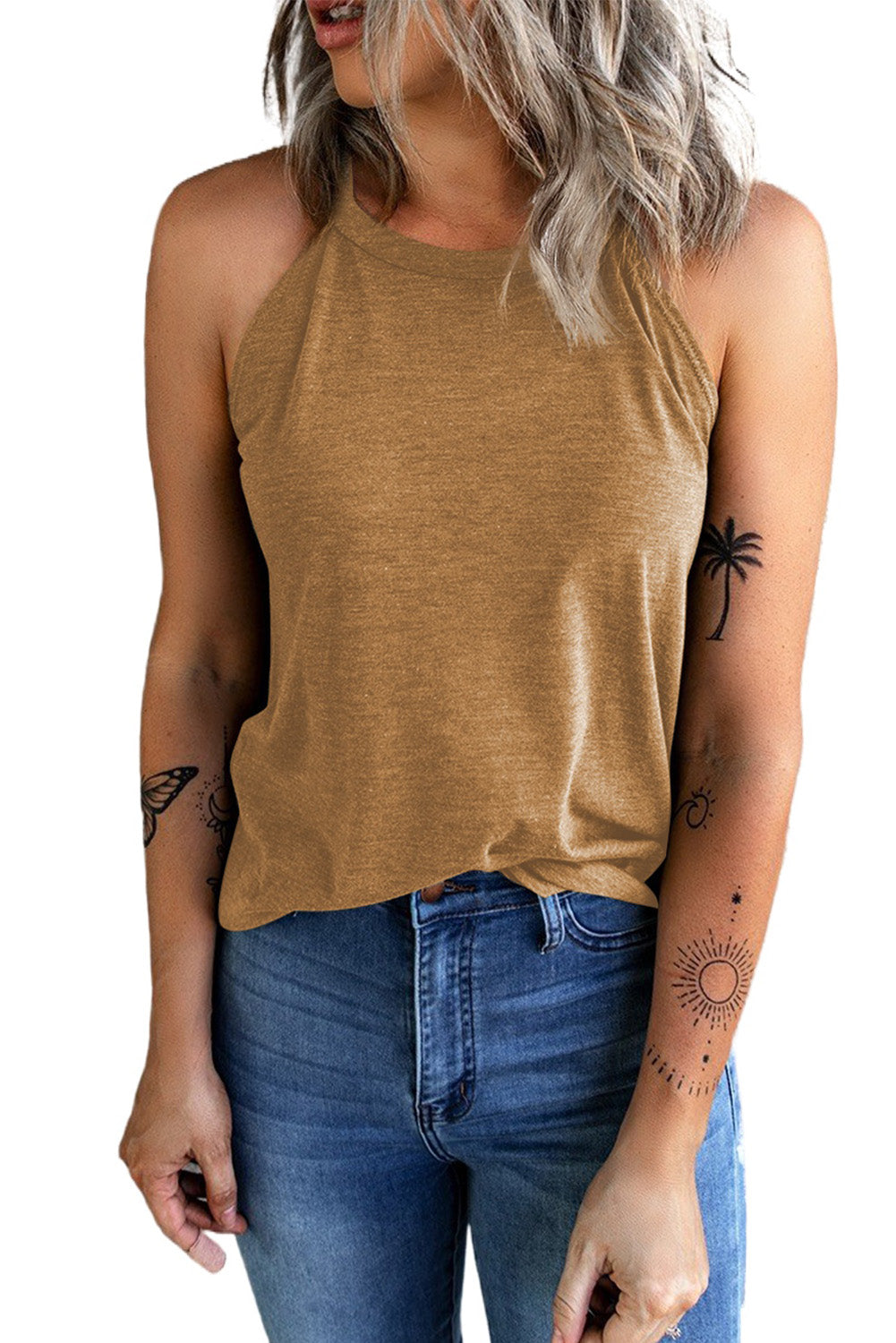 Brown Solid Color Crew Neck Tank Top