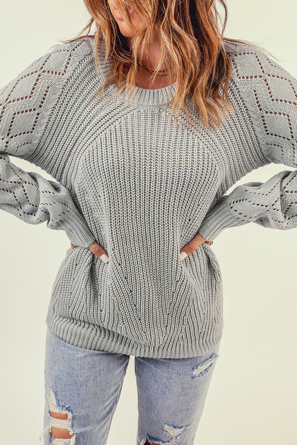 Plain Grey Knit Long Sleeve Pullover Sweater for Women