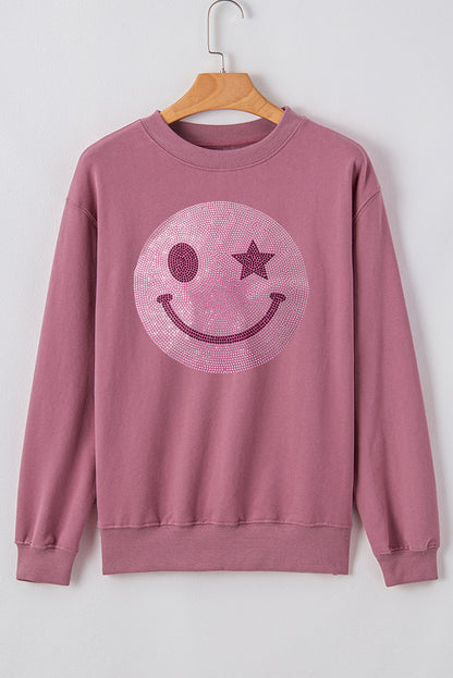 Black Rhinestoned Smile EMOJ Graphic Crew Neck Sweatshirt