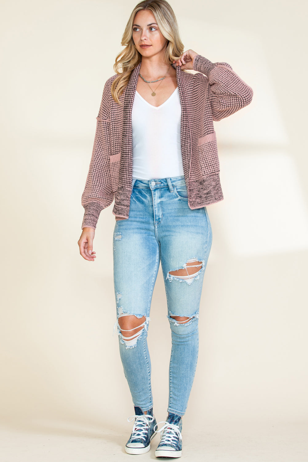 Apricot Chunky Knit Pockets Drop Sleeve Cardigan