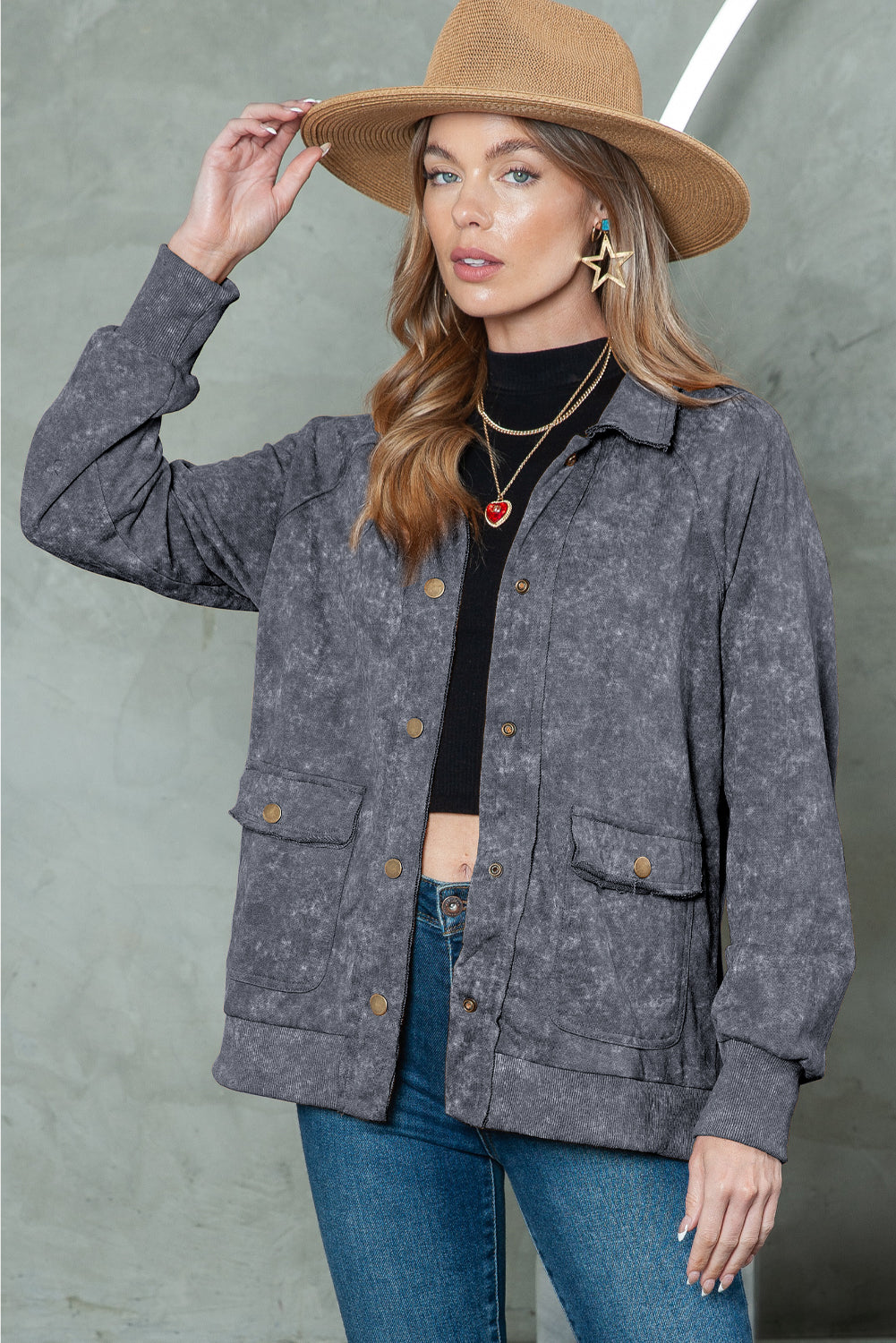 Dark Blue Snap Button Casual Flap Pockets Jacket