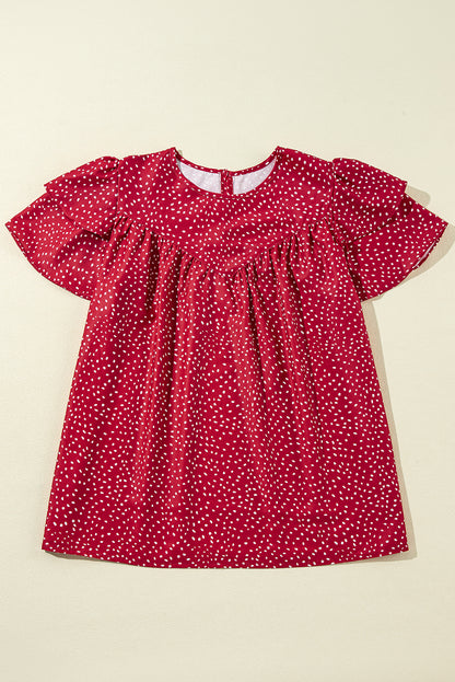Laurel Green Spotted Print Pleated Ruffle Sleeve Blouse