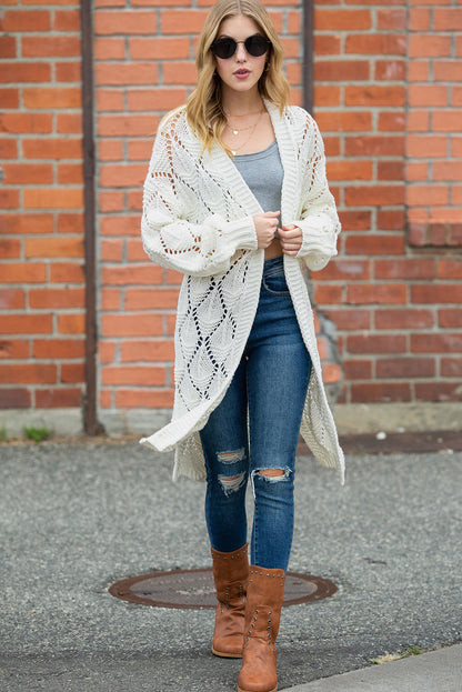 White Crochet Knit Hollowed Open Front Cardigan