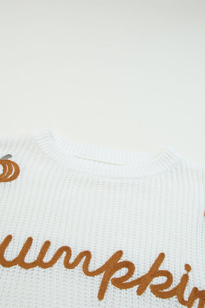 White Crochet Pumpkin Drop Shoulder Sweater