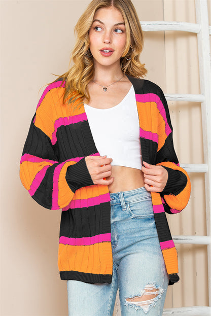 Orange Stripe Print Ribbed Knit Sweater Cardigan